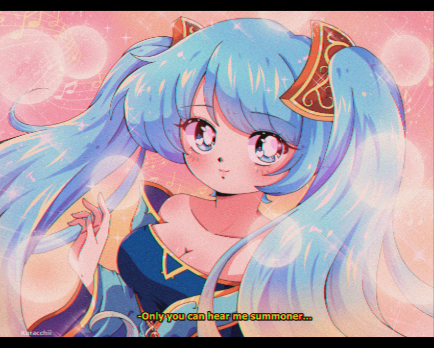 1girl absurdres artist_name blue_eyes blue_hair bubble bubble_background dress english_text highres kuracchii league_of_legends letterboxed looking_at_viewer musical_note off-shoulder_dress off_shoulder retro_artstyle sona_(league_of_legends)