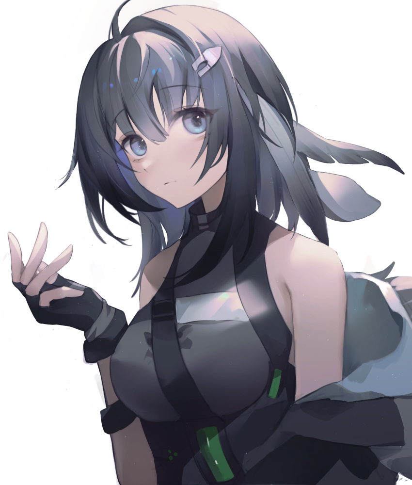 1girl ahoge arknights black_gloves black_jacket blue_eyes breasts chinese_commentary commentary_request eyebrows_visible_through_hair fingerless_gloves gloves grey_hair grey_shirt hair_intakes hair_ornament hairclip hand_up highres jacket la_pluma_(arknights) looking_at_viewer medium_breasts off_shoulder open_clothes open_jacket shirt short_hair simple_background sleeveless sleeveless_shirt solo upper_body white_background yiyizi