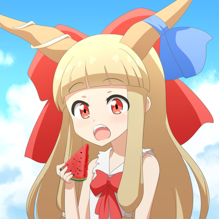 1girl bangs bare_arms bare_shoulders blonde_hair blue_ribbon blue_sky blunt_bangs bow cato_(monocatienus) clouds commentary_request eyebrows_visible_through_hair hair_bow highres horn_ornament horn_ribbon horns ibuki_suika large_bow long_hair long_sleeves looking_at_viewer open_mouth red_bow red_eyes ribbon shirt sky solo touhou upper_body upper_teeth watermelon_slice white_shirt