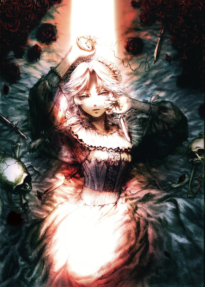 1girl apron braid commentary_request dress flower grey_hair hand_up highres holding holding_knife holding_pocket_watch izayoi_sakuya knife long_hair looking_at_viewer lying maid_headdress muha_kakka on_back pocket_watch red_eyes rose skull solo touhou twin_braids upper_body waist_apron watch