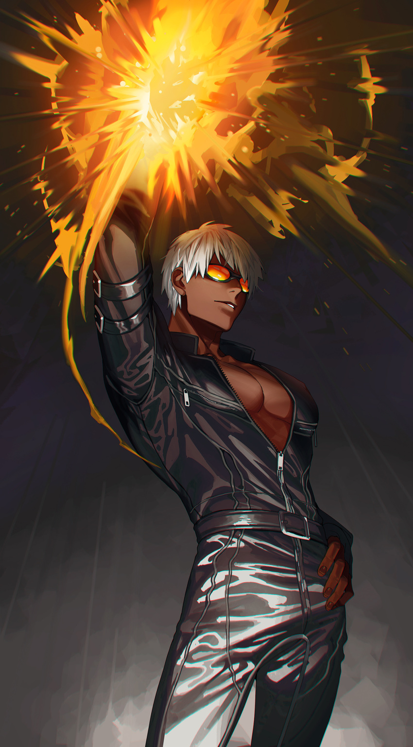 1boy absurdres belt black_gloves black_jacket black_pants dark-skinned_male dark_skin fingerless_gloves gloves hand_on_hip hand_up highres jacket k'_(kof) large_pectorals male_focus pants parted_lips pectorals short_hair sokuse_kienta solo sunglasses the_king_of_fighters unzipped white_hair zipper