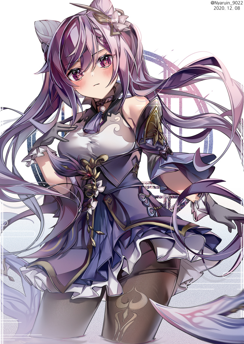 1girl architecture bangs black_gloves black_legwear blush braid choker commentary_request detached_sleeves east_asian_architecture eyebrows_visible_through_hair genshin_impact gloves hair_between_eyes hair_ornament hand_on_hip highres keqing_(genshin_impact) long_hair looking_at_viewer nyaruin pantyhose purple_hair sidelocks simple_background single_braid solo violet_eyes white_background wide_sleeves window