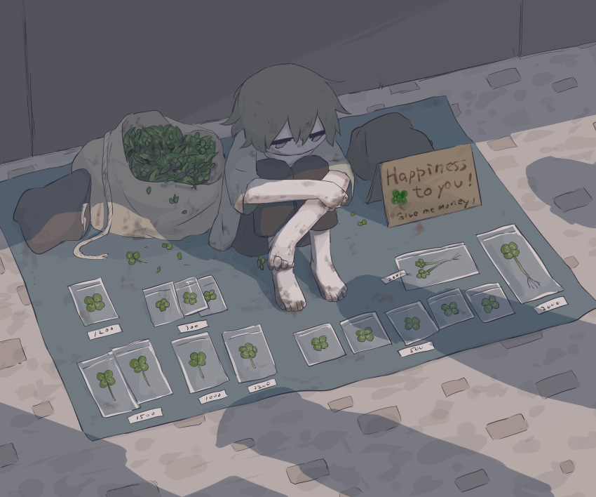 absurdres avogado6 barefoot begging clover commentary dirty dirty_clothes dirty_feet dirty_hands english_text four-leaf_clover grey_eyes grey_hair highres holding homeless hugging_own_legs jitome original sack sad shirt sitting symbolism
