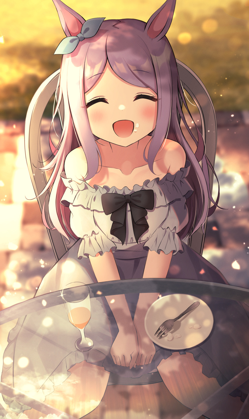 1girl absurdres animal_ears aqua_bow blush bow chair closed_eyes collarbone cup dress drink drinking_glass ear_bow facing_viewer food food_on_face fork grey_dress hazuki_lime highres horse_ears horse_girl huge_filesize long_hair mejiro_mcqueen_(umamusume) off-shoulder_dress off_shoulder open_mouth plate purple_hair short_sleeves sitting smile solo umamusume