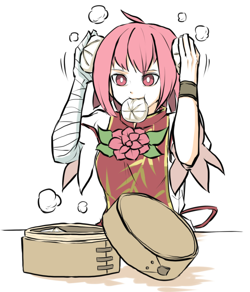 1girl ahoge arms_up bandaged_arm bandages baozi chinese_clothes cuffs double_bun flower food food_in_mouth hair_between_eyes highres ibaraki_kasen peroponesosu. pink_eyes pink_hair rose short_hair short_sleeves simple_background solo steam tabard touhou vine_print white_background white_sleeves