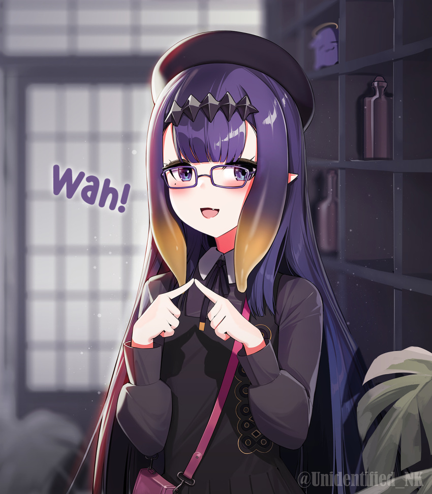 1girl :d bag bangs beret black_dress black_headwear black_shirt blurry blurry_background blush brown_hair collared_shirt commentary_request depth_of_field dress fang fingers_together glasses gradient_hair hat highres hololive hololive_english indoors long_hair long_sleeves looking_at_viewer multicolored_hair ninomae_ina'nis open_mouth pleated_dress pointy_ears purple-framed_eyewear purple_hair shirt shoulder_bag sleeveless sleeveless_dress smile solo twitter_username unidentified_nk upper_body very_long_hair violet_eyes virtual_youtuber