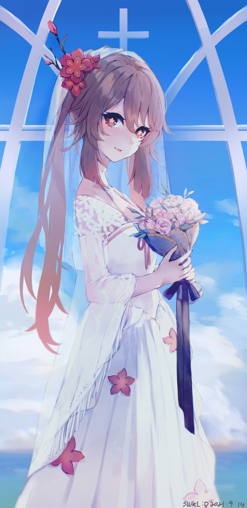 1girl absurdres alternate_costume artist_name bangs blue_sky bouquet bridal_veil bride brown_hair closed_mouth dated day dress feet_out_of_frame flower flower-shaped_pupils from_side genshin_impact gradient_hair hair_flower hair_ornament highres holding holding_bouquet hu_tao_(genshin_impact) indoors long_sleeves looking_at_viewer looking_to_the_side multicolored_hair outdoors pink_flower pink_rose red_eyes red_flower redhead rose see-through sidelocks sky smile solo standing swkl:d twintails veil wedding_dress white_dress wide_sleeves window