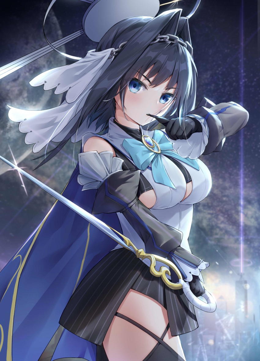 1girl asymmetrical_clothes black_gloves blue_cape blue_hair blue_ribbon breasts cape chain cleavage_cutout clothing_cutout detached_sleeves gloves hair_intakes halo headband heart-shaped_gem highres hololive hololive_english large_breasts mechanical_halo ouro_kronii ribbon sailor_collar shirt short_hair sleeveless sleeveless_shirt solo sweater turtleneck turtleneck_sweater under_boob veil virtual_youtuber wolfgang_(paul94104875) zipper