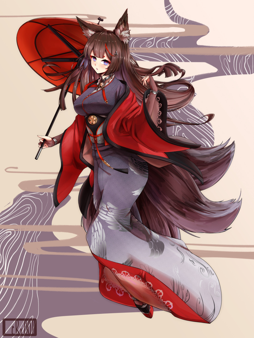 1girl absurdres amagi_(azur_lane) animal_ear_fluff animal_ears azur_lane breasts bridal_gauntlets brown_hair brown_tail coat crr001 full_body highres holding holding_umbrella japanese_clothes kimono kitsune kyuubi large_breasts long_hair looking_at_viewer metal_belt multiple_tails oil-paper_umbrella open_clothes open_coat purple_kimono red_coat red_umbrella sakuramon simple_background solo tail umbrella violet_eyes wide_sleeves