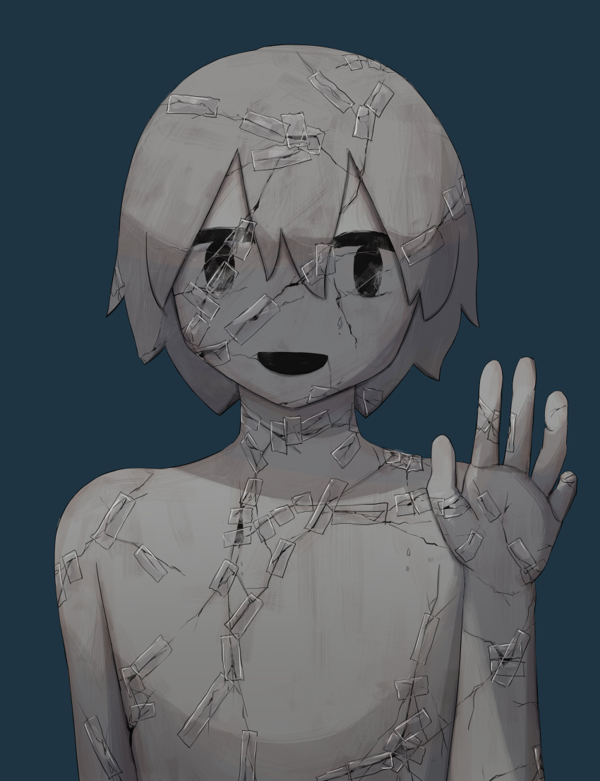 1boy :d absurdres avogado6 black_eyes blue_background commentary_request completely_nude cracked_skin hand_up highres looking_at_viewer nude open_mouth original simple_background smile solo statue tape upper_body