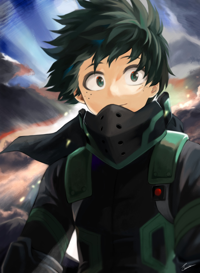 1boy absurdres bangs black_bodysuit black_hair bodysuit boku_no_hero_academia fengling_(furin-jp) freckles green_bodysuit green_eyes green_hair highres hood hood_down long_sleeves looking_at_viewer male_focus mask midoriya_izuku mouth_mask multicolored_hair outdoors short_hair smile solo two-tone_hair upper_body