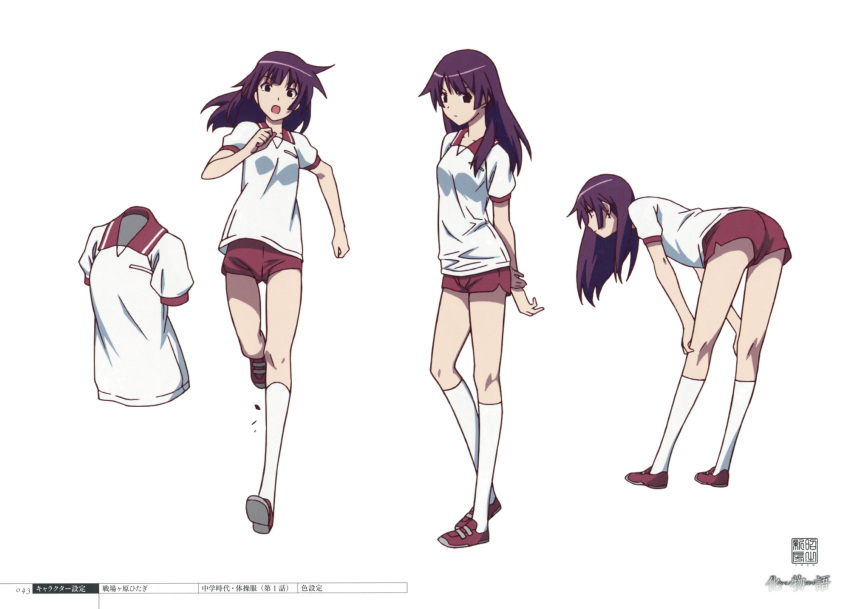 1girl anime_coloring bakemonogatari character_sheet collared_shirt full_body gym_uniform highres monogatari_(series) multiple_views official_art production_art scan senjougahara_hitagi shirt simple_background standing white_background zip_available