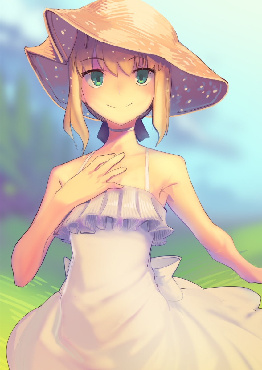 1girl alternate_costume arm_at_side artoria_pendragon_(fate) blonde_hair blue_ribbon boa_(brianoa) choker dress fate/stay_night fate_(series) grass green_eyes hand_on_own_chest hat highres looking_at_viewer ribbon saber smile solo straw_hat sundress white_choker white_dress