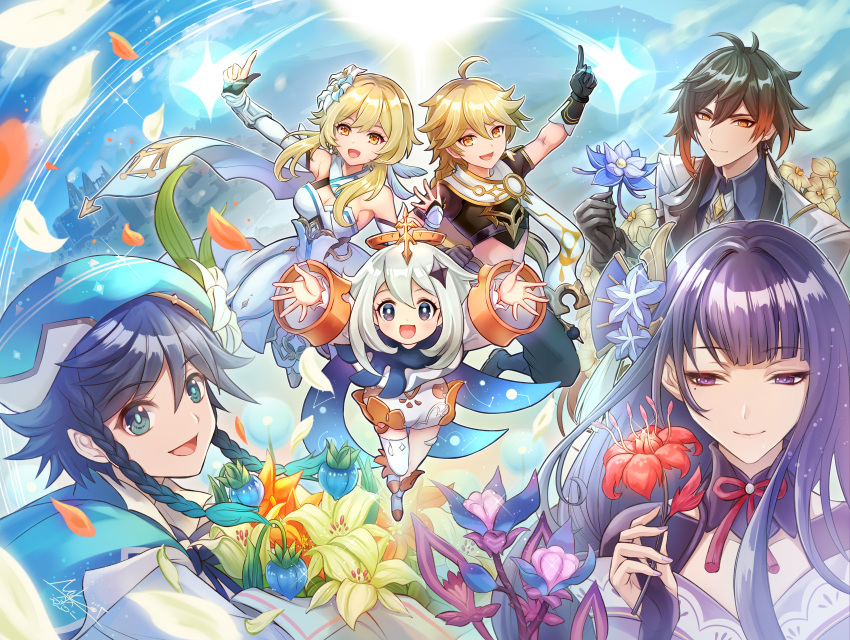 3boys 3girls absurdres aether_(genshin_impact) ahoge androgynous bangs beret black_gloves black_hair blonde_hair blue_eyes blue_hair blush bouquet bow braid bridal_gauntlets brother_and_sister brown_hair closed_mouth clouds cloudy_sky collared_cape collared_shirt commentary_request crop_top day dendrobium dress earrings eyeliner falling_petals floating flower formal genshin_impact glaze_lily gloves gradient_hair green_eyes green_headwear hair_between_eyes hair_flower hair_ornament halo hat hat_flower highres holding holding_bouquet holding_flower jacket japanese_clothes jewelry kimono leaf light_particles long_hair long_sleeves looking_at_viewer lumine_(genshin_impact) makeup midriff mole mole_under_eye multicolored_hair multiple_boys multiple_girls necktie nekobayashi open_mouth orange_hair outstretched_arms paimon_(genshin_impact) petals purple_flower purple_hair purple_nails raiden_shogun red_flower scarf shirt short_hair_with_long_locks short_sleeves siblings sidelocks single_earring single_thighhigh sky smile sparkle spread_arms suit tassel tassel_earrings thigh-highs twin_braids twins venti_(genshin_impact) violet_eyes white_dress white_flower white_hair white_legwear wide_sleeves yellow_eyes zhongli_(genshin_impact)
