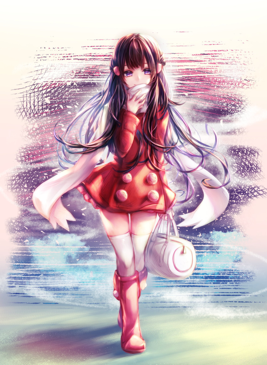 1girl absurdres akihorisu bag bangs boots closed_mouth coat commentary_request hikari_(pokemon) duffel_bag full_body hair_ornament hairclip hand_up highres holding holding_bag long_hair long_sleeves looking_at_viewer pink_footwear pokemon pokemon_(game) pokemon_dppt pokemon_platinum red_coat scarf smile solo standing thigh-highs violet_eyes white_bag white_legwear white_scarf