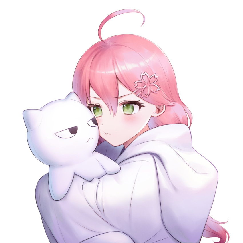 1girl ahoge blush cat doll eyebrows_visible_through_hair green_eyes hair_ornament highres hololive hood hoodie hug long_hair looking_at_viewer medium_hair one_side_up pink_hair rakuyui sakura_miko solo virtual_youtuber white_hoodie x_hair_ornament