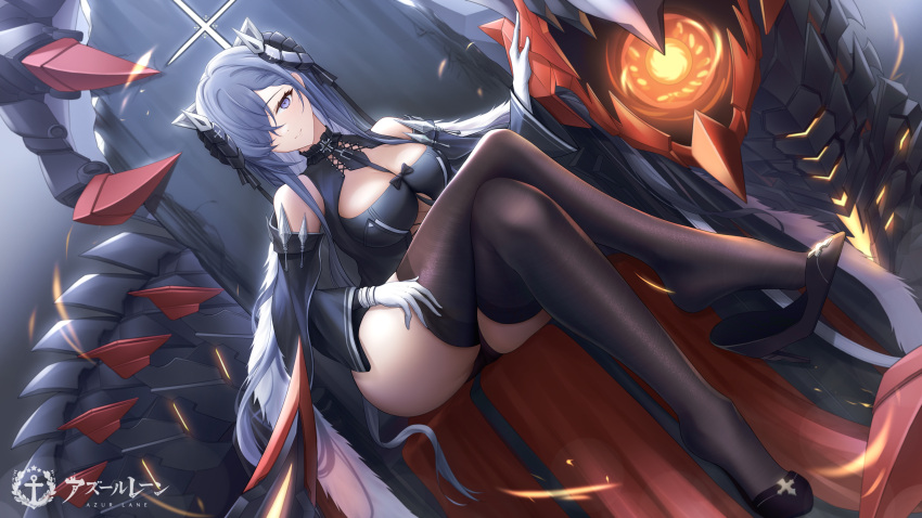 1girl absurdres ainrichman ass august_von_parseval_(azur_lane) azur_lane bare_shoulders black_footwear black_legwear clothing_cutout crossed_legs curled_horns detached_sleeves dress dutch_angle full_body gloves hair_over_one_eye high_heels highres horns iron_cross light_smile long_hair looking_at_viewer mechanical_animal mechanical_dragon mechanical_horns microdress purple_hair shoe_dangle shoes sitting solo thigh-highs thighs throne underboob_cutout very_long_hair violet_eyes white_gloves