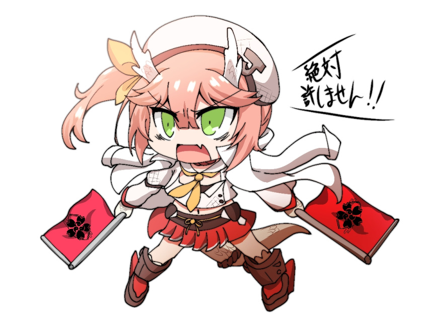 1girl :o azur_lane bangs chibi choker coat coat_on_shoulders commentary_request dragon_girl dragon_horns dragon_tail dual_wielding eyebrows_visible_through_hair fang flag full_body green_eyes hair_between_eyes holding holding_flag horns long_hair long_sleeves looking_at_viewer midriff navel outstretched_arms pink_hair pleated_skirt red_skirt ryuujou_(azur_lane) sakura_empire_(emblem) scales school_uniform serafuku side_ponytail sidelocks simple_background skirt solo spread_arms spread_legs standing tail takezuchi thick_eyebrows translation_request v-shaped_eyebrows white_background white_coat