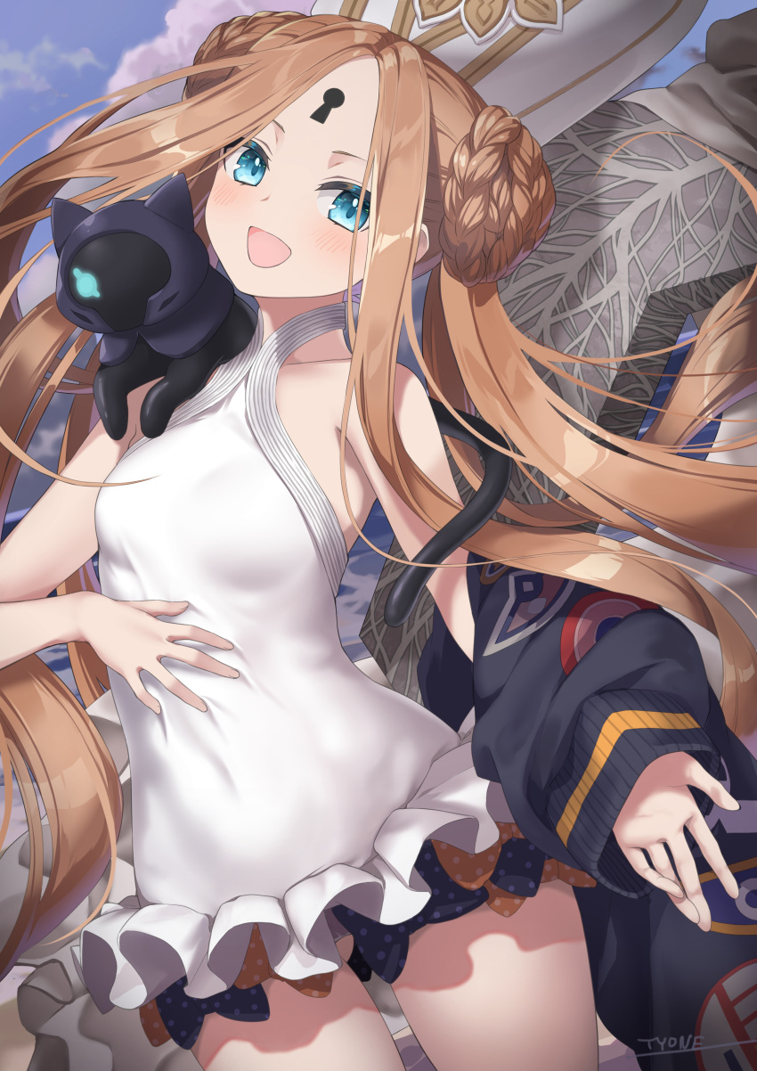 1girl abigail_williams_(fate) abigail_williams_(swimsuit_foreigner)_(fate) absurdres bangs bare_shoulders black_bow blonde_hair blue_eyes bow braid braided_bun breasts double_bun dress_swimsuit fate/grand_order fate_(series) forehead highres long_hair mitre multiple_bows orange_bow parted_bangs sidelocks small_breasts swimsuit twintails tyone very_long_hair white_headwear white_swimsuit