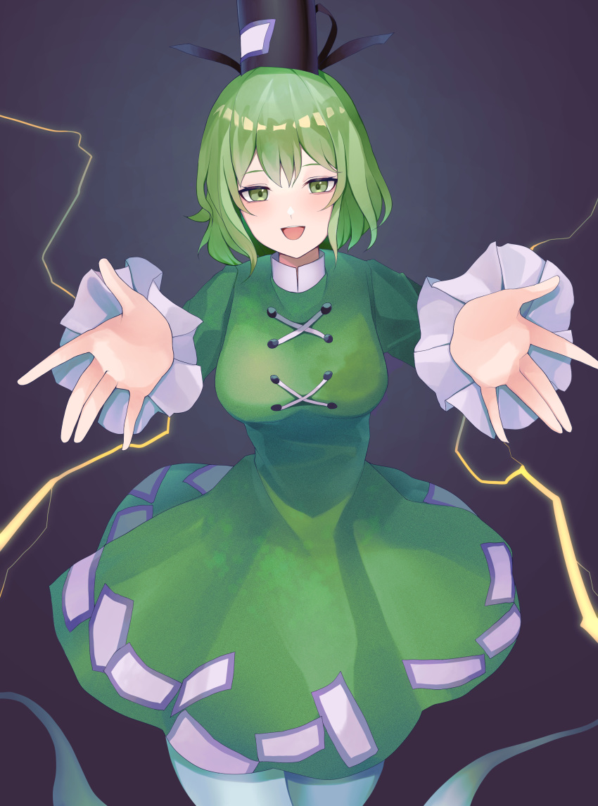 1girl :d \||/ absurdres bangs black_headwear blush breasts cross-laced_clothes dark_background dress electricity eyebrows_behind_hair foreshortening ghost_tail gradient gradient_background green_dress green_eyes green_hair hat highres juliet_sleeves koizumo large_breasts long_sleeves looking_at_viewer ofuda ofuda_on_clothes open_mouth outstretched_arms puffy_sleeves purple_background reaching_out short_hair simple_background smile soga_no_tojiko solo tate_eboshi touhou