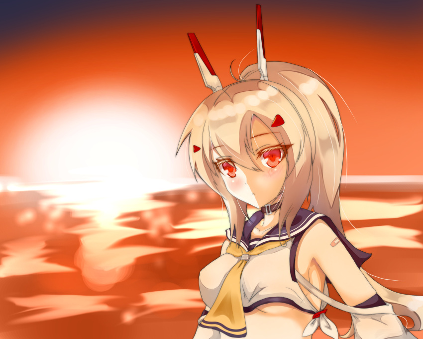 1girl ascot ayanami_(azur_lane) azur_lane bandaid bandaid_on_arm bangs belt breasts choker commentary_request detached_sleeves eyebrows_visible_through_hair hair_between_eyes hair_ornament hairclip headgear highres horizon long_hair looking_at_viewer midriff ocean ponytail red_eyes redmonkey retrofit_(azur_lane) school_uniform serafuku sidelocks silver_hair solo sunset twilight under_boob wide_sleeves