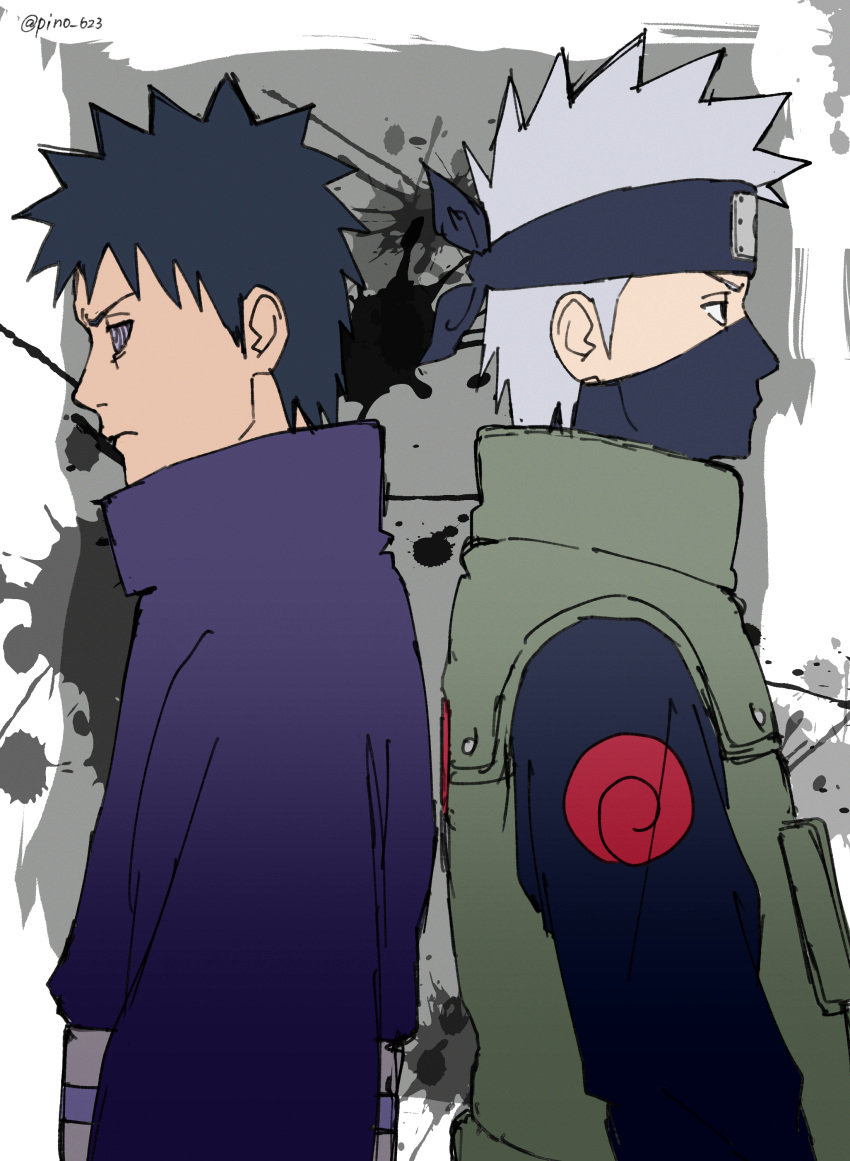 2boys absurdres black_eyes black_hair black_shirt border closed_mouth forehead_protector grey_eyes grey_hair hatake_kakashi highres long_sleeves looking_to_the_side mask mouth_mask multiple_boys naruto_(series) naruto_shippuuden ninja ninja_mask pinoko_(pnk623) rinnegan shirt short_hair uchiha_obito v-shaped_eyebrows vest