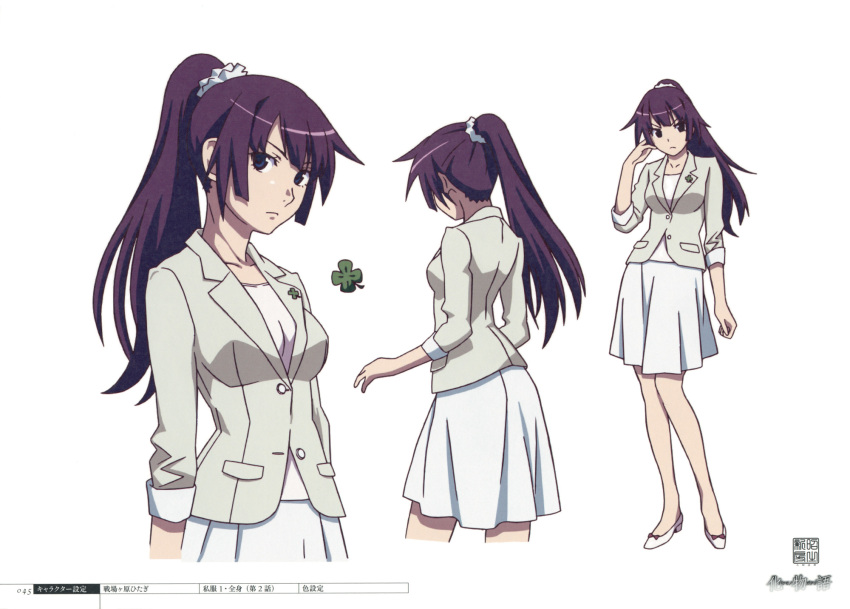 1girl anime_coloring bakemonogatari character_sheet full_body highres monogatari_(series) multiple_views official_art production_art scan simple_background standing white_background zip_available