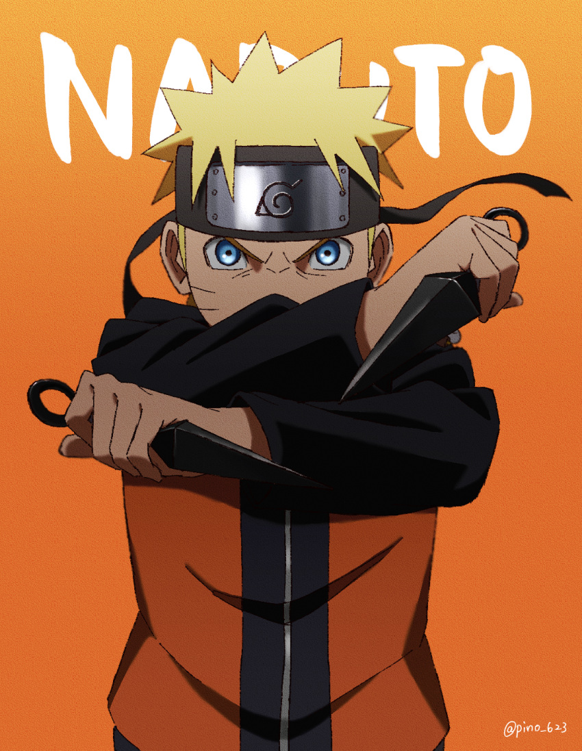 1boy blonde_hair blue_eyes character_name dual_wielding forehead_protector highres holding holding_weapon jacket kunai long_sleeves looking_at_viewer naruto_(series) naruto_shippuuden ninja official_style orange_background pinoko_(pnk623) short_hair simple_background solo uzumaki_naruto v-shaped_eyebrows weapon