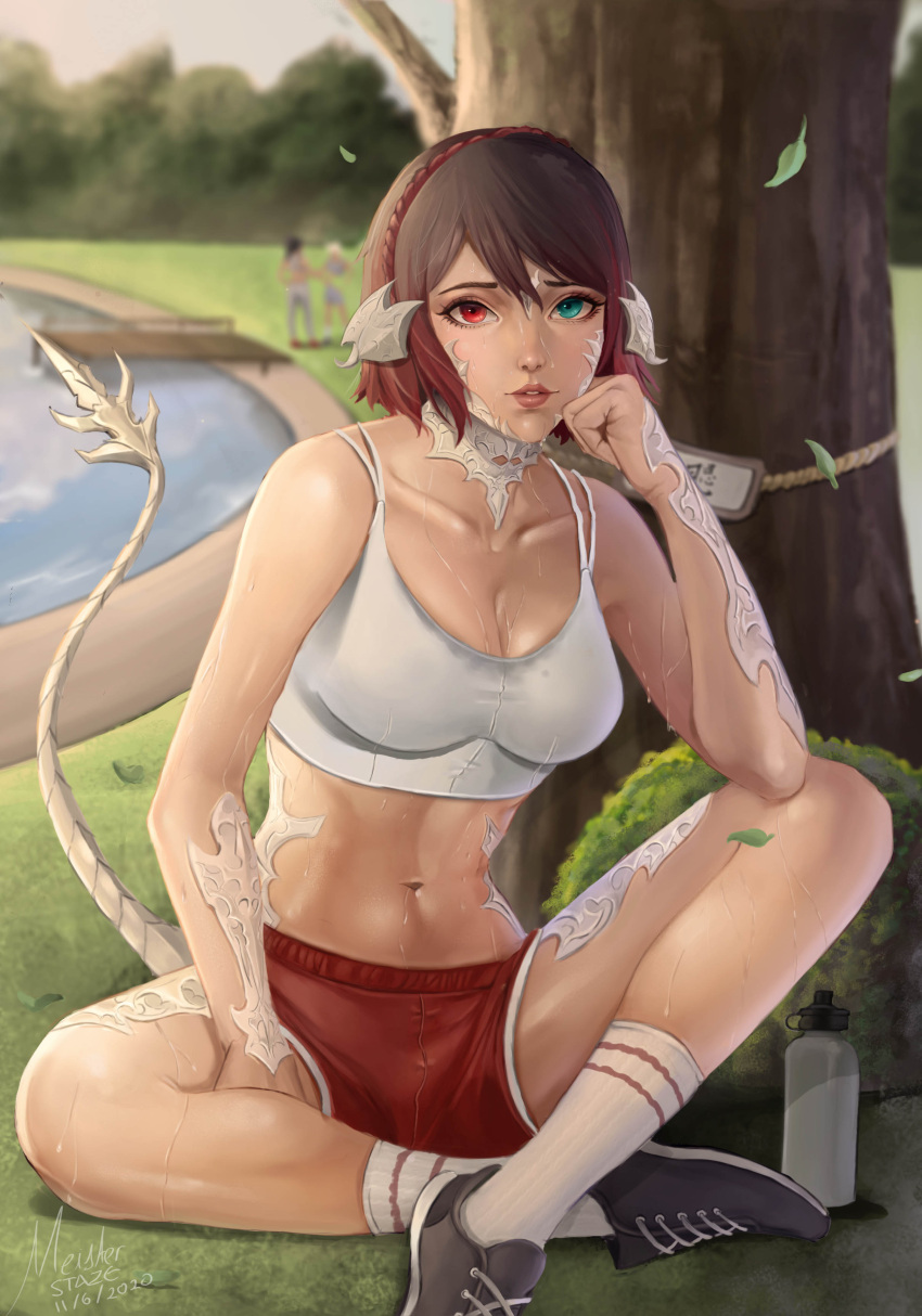 1girl 2others absurdres arm_on_knee armor au_ra blurry blurry_background brown_hair clenched_hand final_fantasy final_fantasy_xiv grass hand_on_own_face heterochromia highres leaf lips meister_staze midriff multiple_others outdoors parted_lips pond resting shoes short_hair shorts signature sitting socks sports_bra sweat tail tree water
