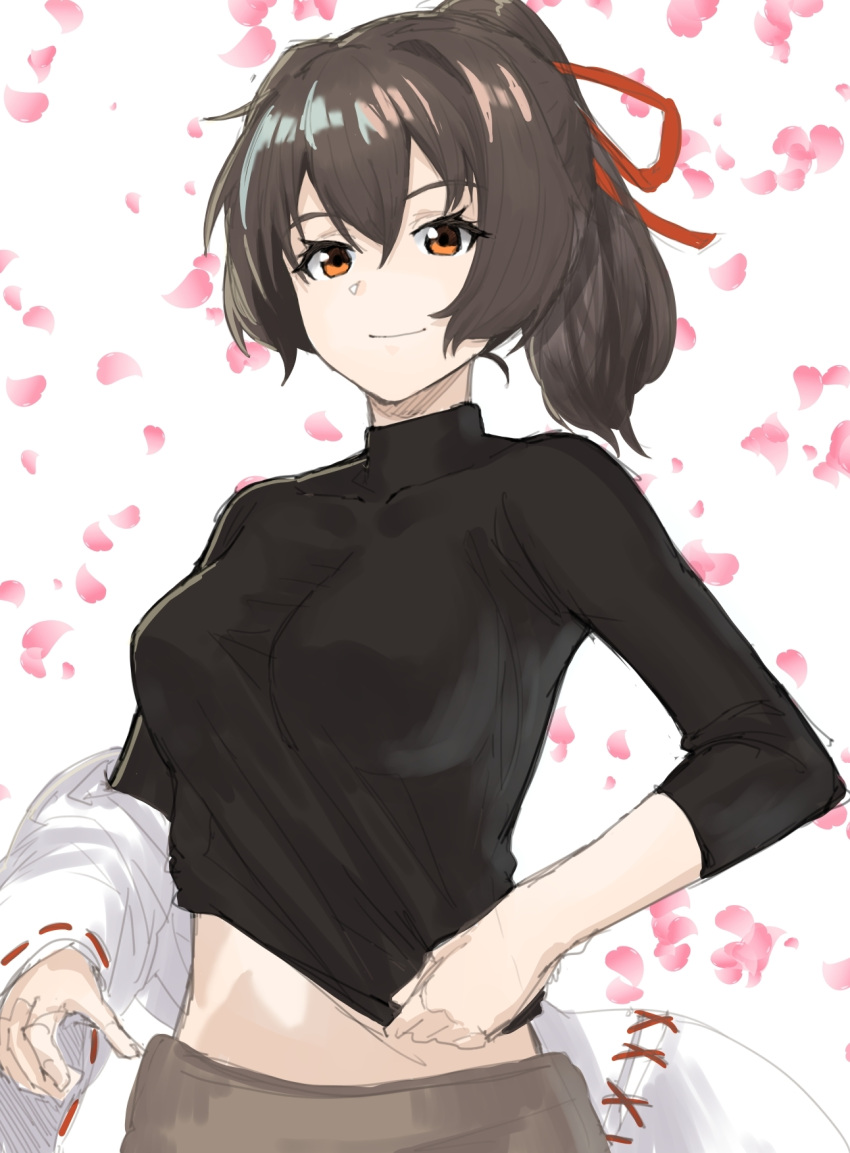 1girl adjusting_clothes bangs breasts brown_hair hair_between_eyes hair_ribbon highres hira_(hinakomochi) ise_(kancolle) japanese_clothes kantai_collection large_breasts looking_at_viewer one-hour_drawing_challenge open_clothes orange_eyes petals ponytail red_ribbon ribbon ribbon-trimmed_sleeves ribbon_trim simple_background smile solo undershirt