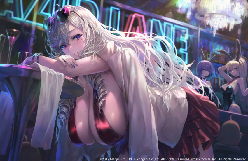 3girls algerie_(azur_lane) animal_ears azur_lane bent_over bodysuit breasts cleavage_cutout clothing_cutout clubroom commentary_request covered_nipples crossed_arms dress drill_hair eyewear_on_head gascogne_(azur_lane) hanging_breasts huge_breasts jean_bart_(azur_lane) large_breasts leaning_forward leotard looking_at_viewer medium_breasts multiple_girls official_art open_clothes open_shirt playboy_bunny purple_hair rabbit_ears red_dress sagging_breasts seductive_smile smile sunglasses violet_eyes white_hair yoshiku_(oden-usagi)