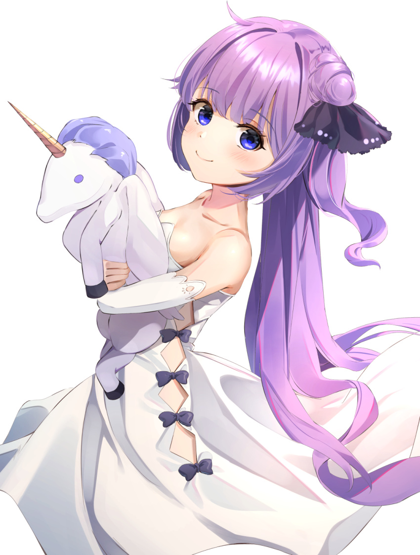 1girl ahoge azur_lane bangs bare_shoulders blunt_bangs collarbone commentary_request detached_sleeves doll_hug dress eyebrows_visible_through_hair eyes_visible_through_hair hair_bun highres long_hair looking_at_viewer object_hug one_side_up purple_hair sg_(satoumogumogu) side_bun sidelocks simple_background smile solo strapless strapless_dress stuffed_animal stuffed_toy stuffed_winged_unicorn unicorn_(azur_lane) violet_eyes white_background white_dress