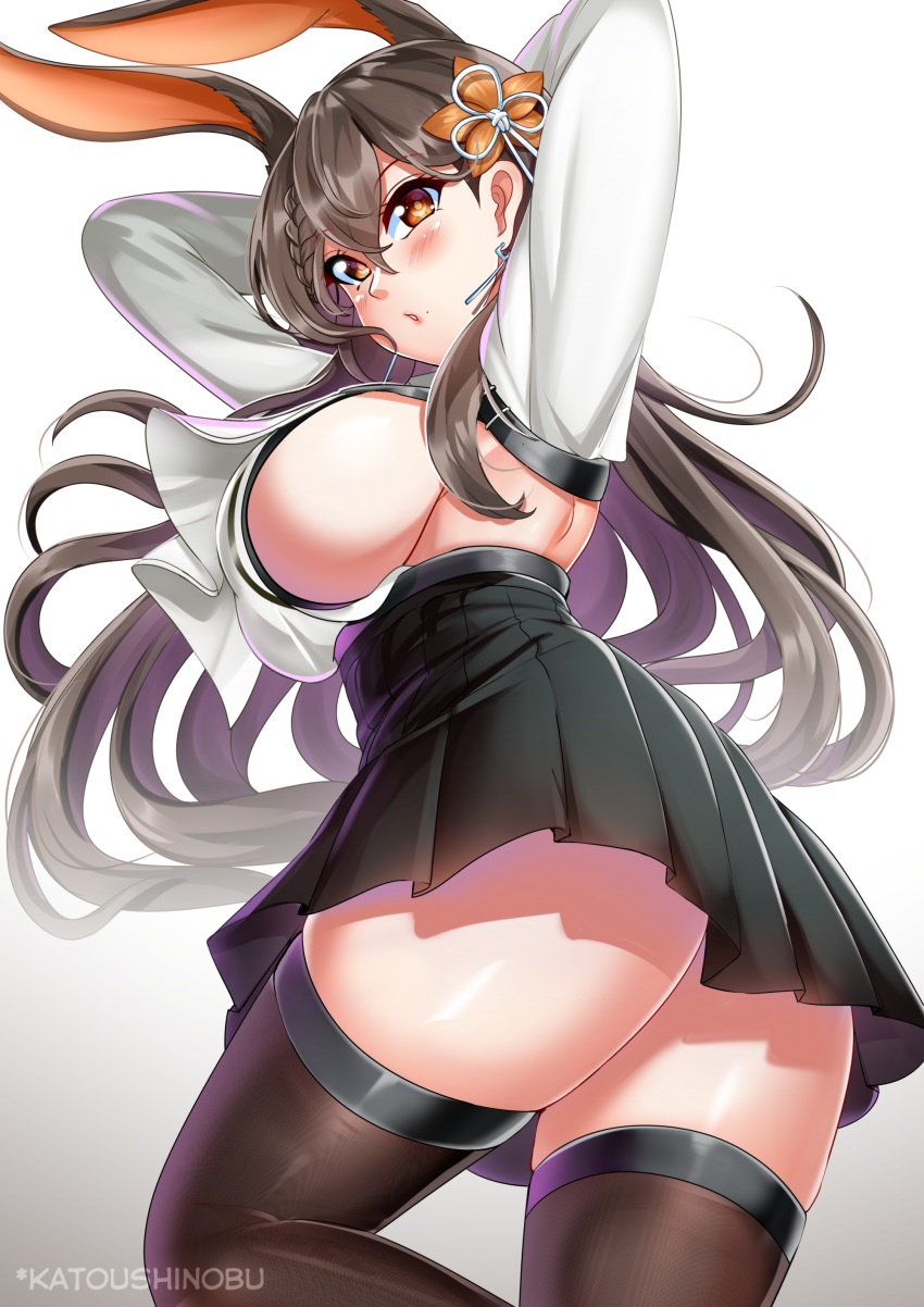 1girl :o absurdres animal_ears ass azur_lane back bangs blush braid breast_curtains breasts brown_skirt chikuma_(azur_lane) crossed_bangs earrings eyebrows_visible_through_hair hair_ornament high-waist_skirt highres jewelry katou_shinobu large_breasts long_hair long_sleeves looking_at_viewer mole mole_under_mouth parted_lips pleated_skirt rabbit_ears red_eyes red_legwear red_neckwear sideboob skindentation skirt smile thick_thighs thigh-highs thighs