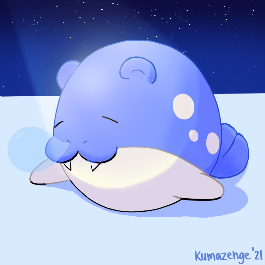 artist_name closed_eyes ears fangs flippers highres kumazenge moonlight nose_bubble pokemon pokemon_(game) pokemon_go pokemon_rse shadow sky sleeping solo spheal star_(sky) starry_background starry_sky tail
