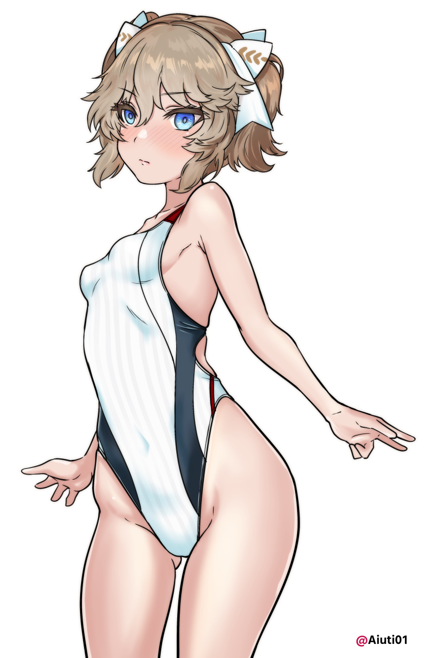 1girl absurdres aiuti blue_eyes bow breasts brown_hair competition_swimsuit cowboy_shot girls_frontline hair_bow highleg highleg_swimsuit highres looking_at_viewer one-piece_swimsuit short_hair simple_background small_breasts solo standing swimsuit two_side_up webley_(girls'_frontline) white_background white_bow white_swimsuit