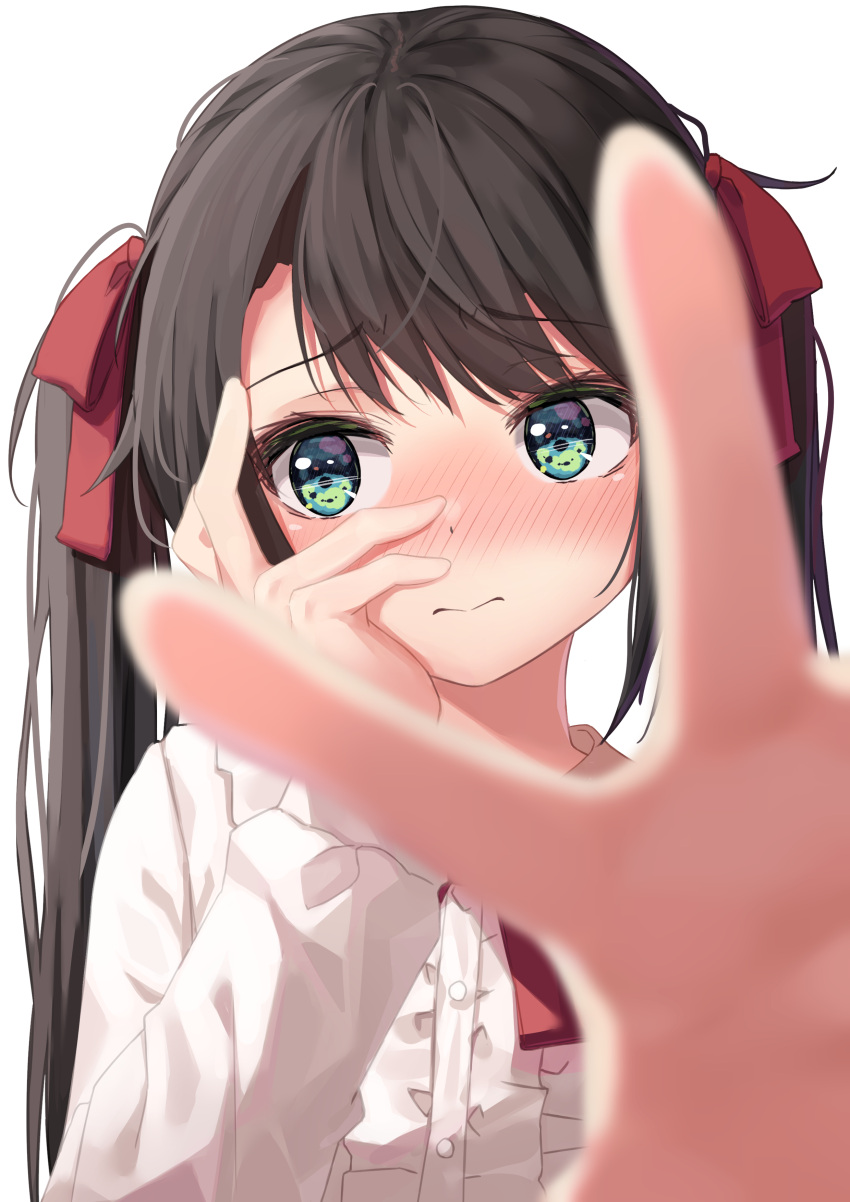 1girl absurdres bangs black_hair blue_eyes blurry blurry_background blush center_frills closed_mouth commentary_request depth_of_field eyebrows_visible_through_hair frills hair_ribbon hand_on_own_cheek hand_on_own_face highres hololive long_hair long_sleeves oozora_subaru outstretched_arm reaching_out red_ribbon ribbon shirt simple_background solo starkamisan twintails upper_body virtual_youtuber white_background white_shirt