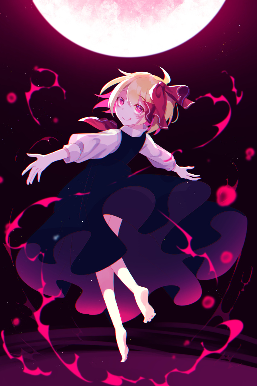 1girl @_@ absurdres ascot bangs barefoot black_dress blonde_hair blush bow dress eyebrows_visible_through_hair full_moon hair_between_eyes hair_bow highres long_sleeves looking_at_viewer looking_back moon moonlight outstretched_arms red_bow red_eyes red_neckwear ribbon rumia shinketsu_kanyu short_hair smile solo tongue tongue_out touhou white_sleeves