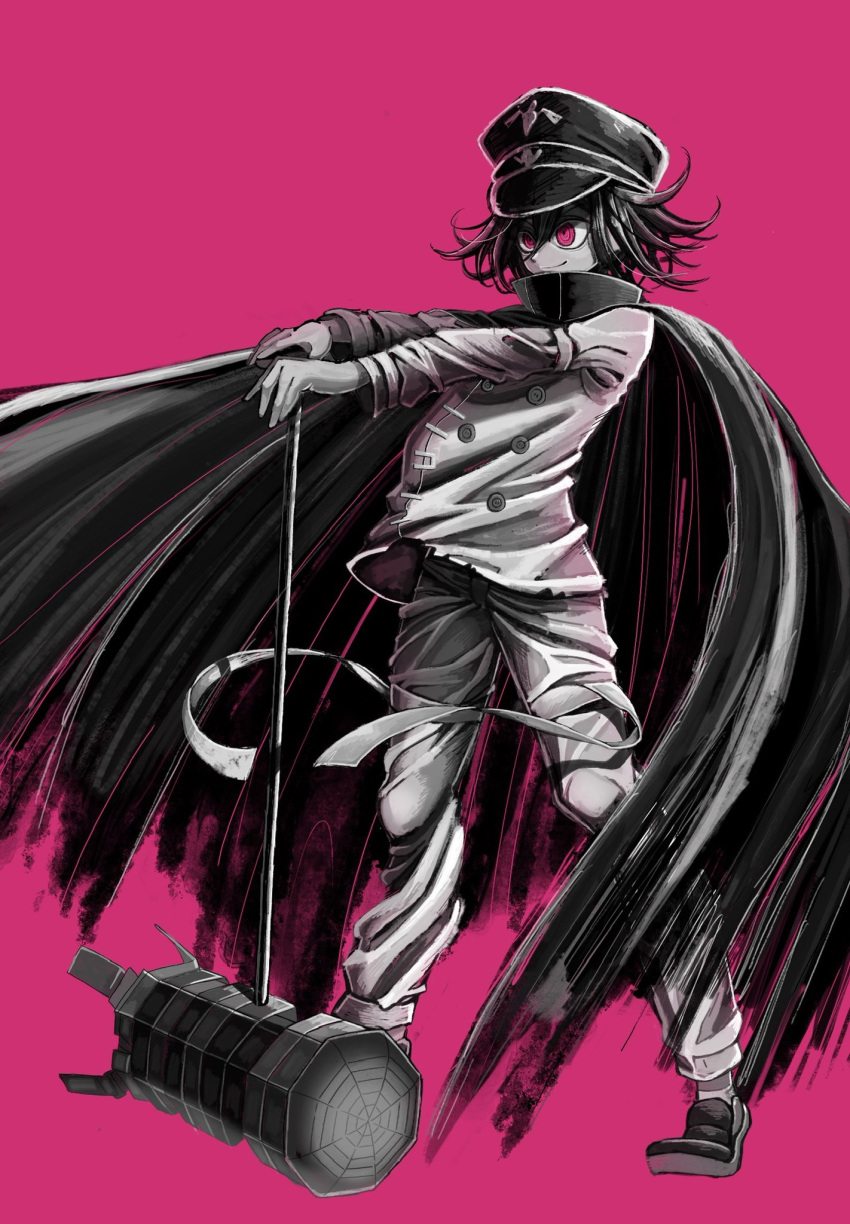 1boy bangs black_footwear black_hair black_headwear buttons cape colored_skin danganronpa_(series) danganronpa_v3:_killing_harmony foca_(sello20582612) full_body grey_jacket grey_pants grey_skin hair_between_eyes hammer hat highres holding holding_weapon jacket long_sleeves looking_at_viewer male_focus ouma_kokichi pants pink_background pink_eyes shiny shiny_clothes shoes simple_background smile solo standing torn_cape torn_clothes uniform weapon