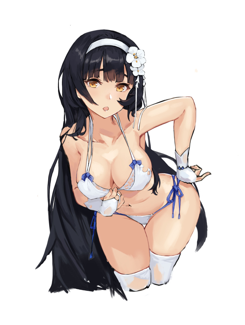 1girl :o absurdres bare_hips bare_shoulders bikini bikini_bottom bikini_pull bikini_top black_hair blue_ribbon breasts clothes_pull collarbone flower girls_frontline groin hair_flower hair_ornament halter_top halterneck hand_on_hip headband highres jonbur_man large_breasts leaning_forward long_hair official_alternate_costume open_mouth ribbon simple_background string_bikini swimsuit thigh-highs thighs torn_clothes torn_legwear type_95_(girls'_frontline) upper_body white_background white_bikini white_flower white_headband white_headwear yellow_eyes