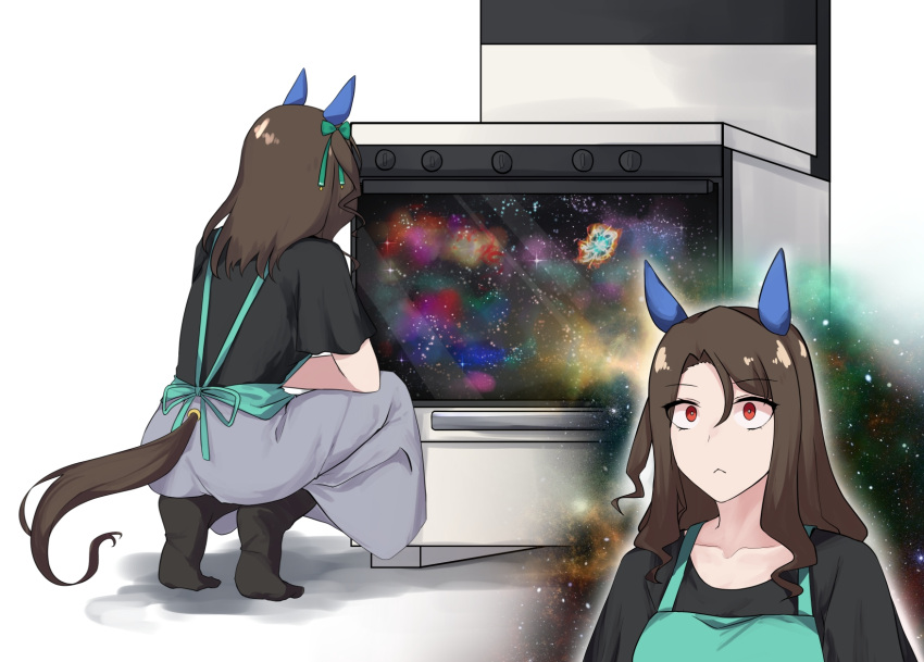 1girl :&lt; animal_ears apron casual collarbone commentary_request galaxy highres horse_ears horse_girl king_halo_(umamusume) oven red_eyes sitting socks solo space sugamo_(rainysnowy108) surprised umamusume white_background