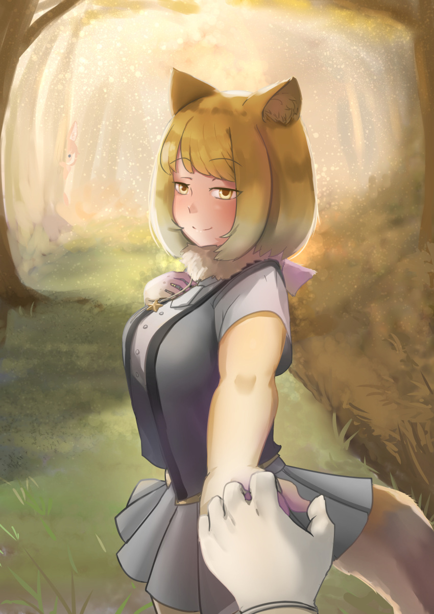 animal_ears bangs blonde_hair brown_hair buttons closed_mouth cowboy_shot dhole_(kemono_friends) dog_ears dress_shirt elbow_gloves eyebrows_visible_through_hair forest fox_ears fox_girl fox_tail fur_scarf gloves grass hand_on_own_chest hand_up highres holding_hands john_(a2556349) kemono_friends looking_at_viewer medium_hair miniskirt multicolored_hair nature necktie open_clothes open_vest outdoors outstretched_arm peeking_out pendulum pleated_skirt pov pov_hands reaching_out scarf shirt short_sleeves skirt smile solo_focus tail tibetan_sand_fox_(kemono_friends) tree tsurime two-tone_hair vest yellow_eyes