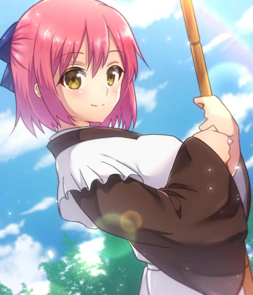 1girl apron bamboo_broom bangs blue_bow blue_sky blush bow broom brown_eyes brown_kimono closed_mouth clouds commentary_request day eyebrows_visible_through_hair frilled_apron frills hair_between_eyes hair_bow half_updo highres holding holding_broom itsuka_neru japanese_clothes kimono kohaku_(tsukihime) looking_at_viewer maid_apron outdoors redhead short_hair sky smile solo sunlight tree tsukihime upper_body wa_maid white_apron wide_sleeves