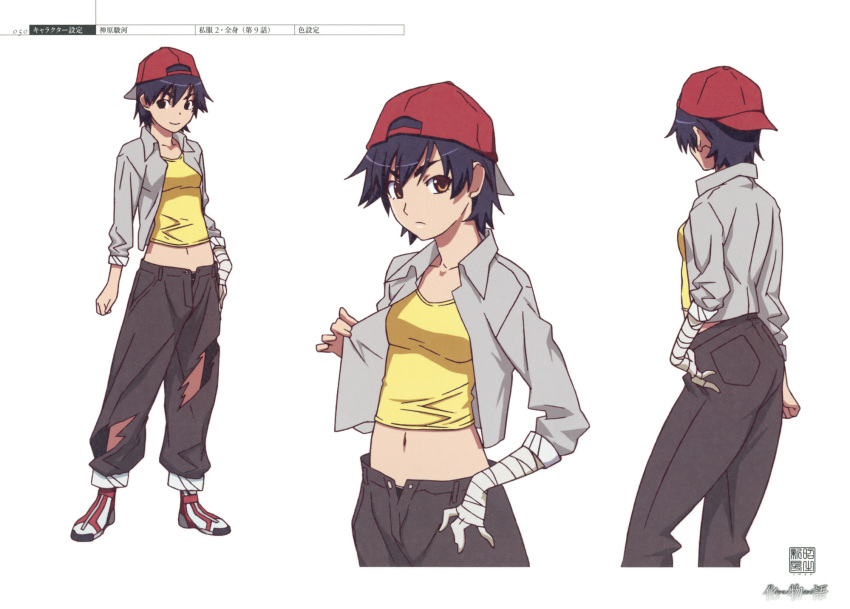 1girl anime_coloring bakemonogatari character_sheet cowboy_shot full_body highres kanbaru_suruga midriff monogatari_(series) multiple_views official_art production_art scan simple_background standing white_background zip_available