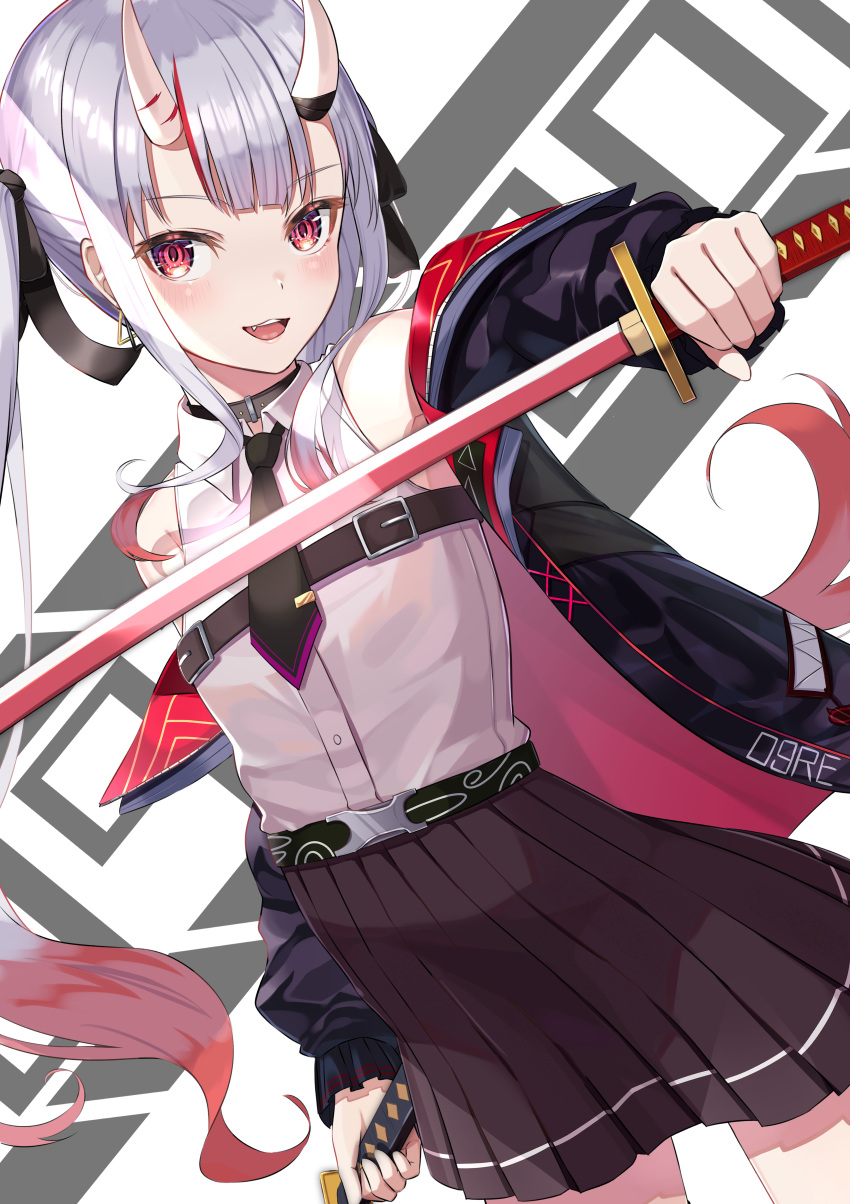 1girl absurdres appo_(36786257) bangs belt black_jacket black_neckwear black_ribbon black_skirt breasts collared_shirt dual_wielding dutch_angle hair_ribbon highres holding holding_sword holding_weapon hololive horns jacket katana long_hair looking_at_viewer multicolored_hair nakiri_ayame necktie off_shoulder oni oni_horns open_mouth pleated_skirt red_eyes redhead ribbon shirt short_necktie skirt sleeveless sleeveless_shirt small_breasts solo streaked_hair sword twintails two-tone_hair virtual_youtuber weapon white_shirt