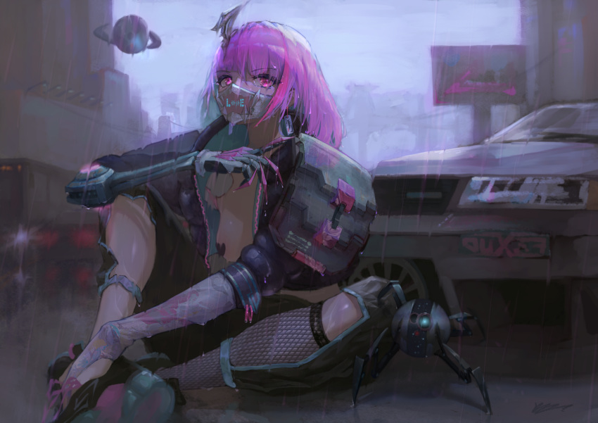 1girl black_jacket black_pants blurry blurry_background breasts capri_pants car commentary cyberpunk earrings english_commentary eyebrows_visible_through_hair full_body ground_vehicle highres jacket jewelry kioroshin kneehighs looking_at_viewer mask mechanical_arms medium_breasts medium_hair motor_vehicle mouth_mask no_shirt open_clothes open_jacket original outdoors pants pasties pink_eyes pink_hair rain science_fiction signature single_kneehigh single_mechanical_arm sitting solo