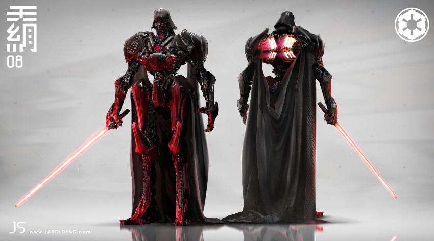 absurdres cape comparison cyborg darth_vader emblem energy_sword english_commentary from_behind galactic_empire helmet highres holding holding_sword holding_weapon jarold_sng lightsaber machinery mecha mechanization multiple_views original realistic redesign robot science_fiction signature sith star_wars sword thrusters weapon
