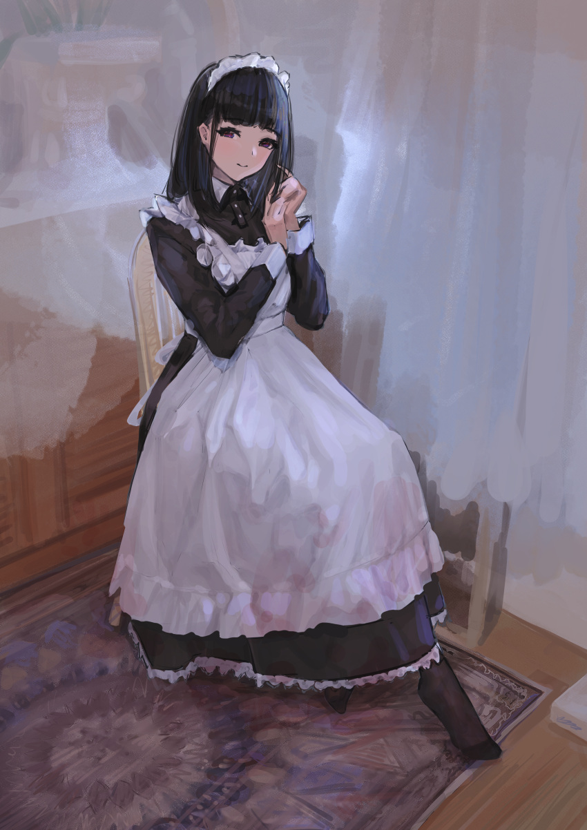 1girl absurdres apron black_dress black_hair black_legwear carpet closed_mouth commentary_request curtains dress eyebrows_visible_through_hair full_body hands_up highres huge_filesize kioroshin long_hair long_sleeves looking_at_viewer maid maid_apron maid_headdress no_shoes on_chair original pantyhose sitting smile solo violet_eyes white_apron