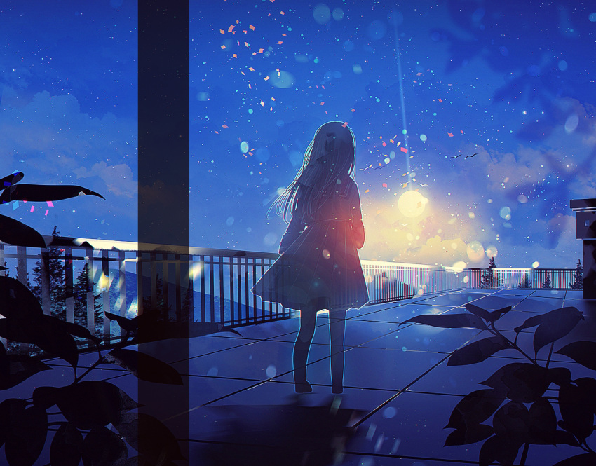 1girl bird clouds light_particles long_hair original outdoors pine_tree plant railing reinforced rooftop sailor_collar scenery school_uniform shadow silhouette skirt sky solo sun tile_floor tiles tree