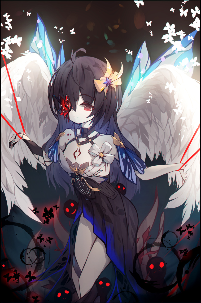 1girl absurdres antenna_hair bangs bare_shoulders bug butterfly closed_mouth covering_one_eye darkworldsss dress evil_smile glowing glowing_eyes hair_between_eyes hair_ornament hair_ribbon highres honkai_(series) honkai_impact_3rd huge_filesize long_hair looking_at_viewer looking_back navel red_butterfly red_eyes ribbon seele_(alter_ego) seele_vollerei smile solo tattoo white_butterfly wings