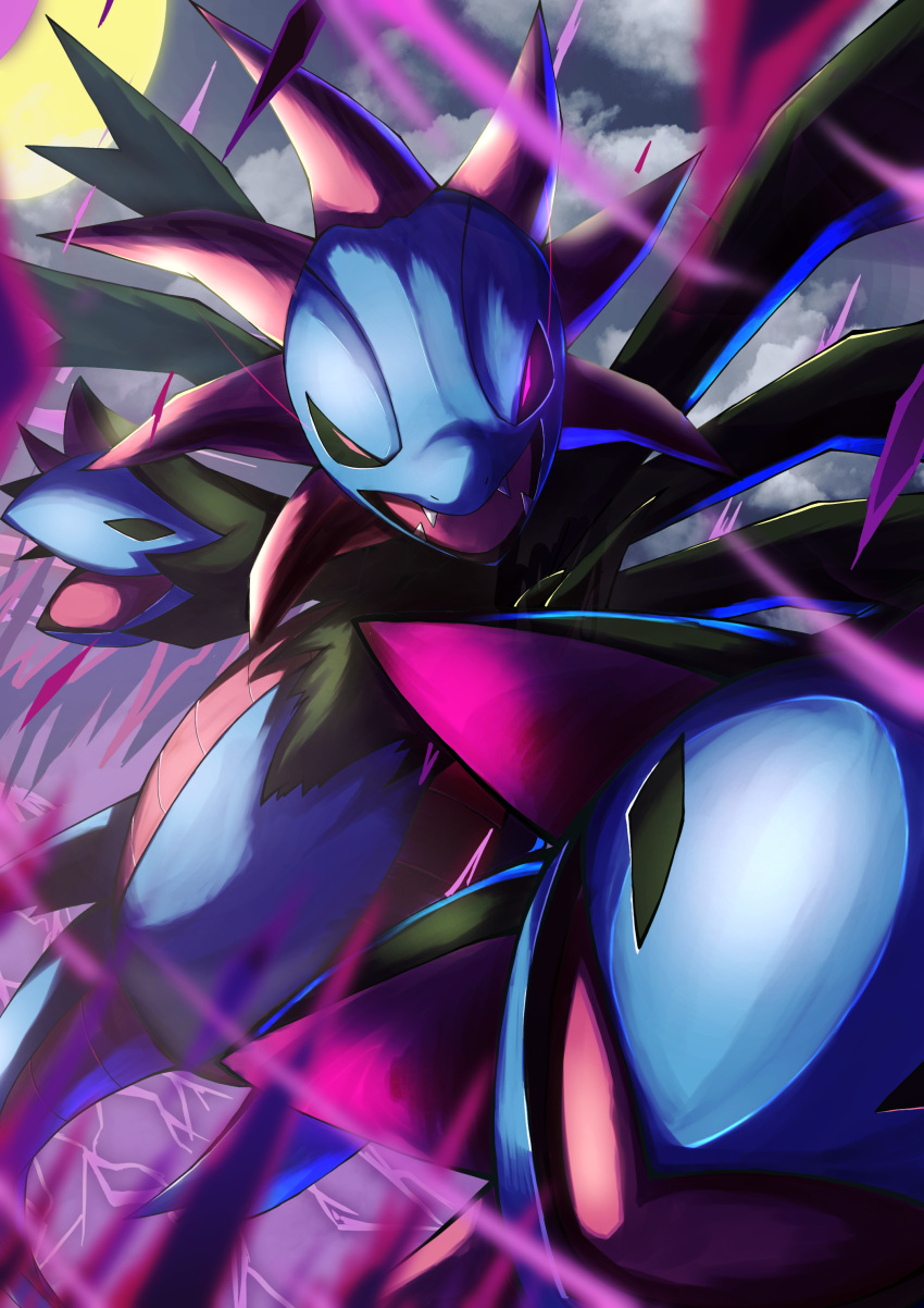 absurdres clouds commentary_request energy fangs glowing glowing_eyes highres hydreigon light_trail looking_at_viewer multiple_heads no_humans open_mouth pokemon pokemon_(creature) ririri_(user_rkrv7838) sky solo tongue violet_eyes